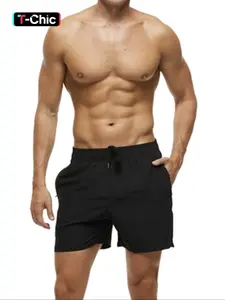 Men Swim Trunks Plain 2-IN-1 Pocket Zipper Beach Shorts, Solid Swim Shorts, Loose Casual Grommet Eyelet Drawstring Elastic Waist Gym Shorts, Summer Swimwear for Men