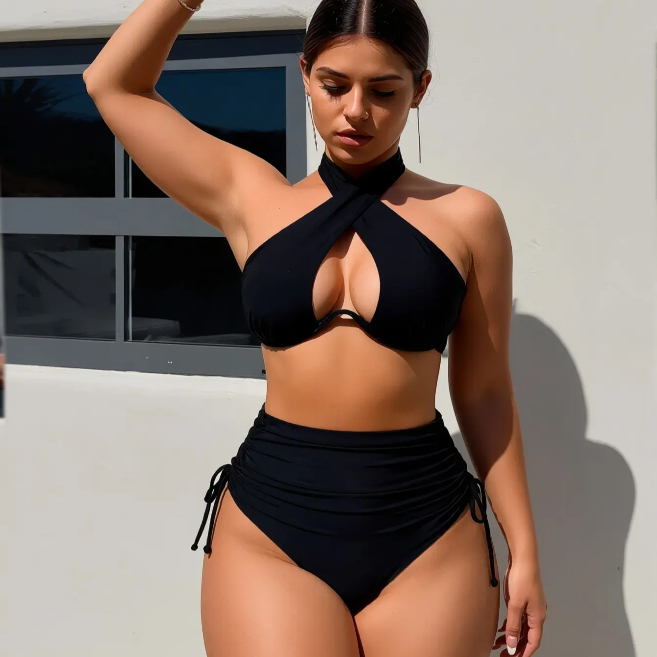 Women's 2-Piece Nylon Bikini Set - Crisscross Solid Halter Top, Floral Print Bottoms, Elegant Beach Swimwear, Sizes S-XL