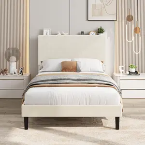 Twin Size Bed Frame with USB Charging Station, Corduroy Upholstered Platform Bed Frame with Adjustable Storage Headboard, Wooden Slats Support, No Box Spring Needed, Easy Assembly, Beige