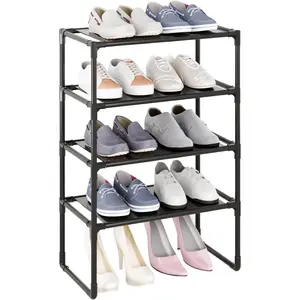 5-Tier Small Shoe Rack for Closet and Entryway, Narrow Shoe Shelf Organizer,Stackble Shoe Stand,Non-Woven Fabric Metal Free Standing Shoe Racks (Black, 18" W x 9.9" D x 28.6" H)