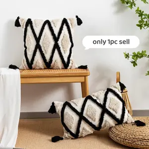 Boho Style Pillow Case without Filler, 1 Count Square Geometric Print Tassel Design Cushion Cover, Decoration Cushion Cover for Home Sofa Bed