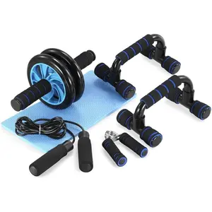 Wheel Roller Kit with Push-Up Bar, Knee Mat, Jump Rope and Hand Gripper - Home Gym Workout for Men Women Core Strength & Abdominal Exercis