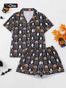 2 pieces of women's Halloween pumpkin ghost black bow printed short sleeved shorts, comfortable lapel pajama set, knitted top pocket elastic waistband suitable for all seasons casual classic home wear