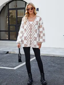 Women's Checkered Cardigan Sweater, Beige White Plaid Open Front Knit Cardigan, Oversized Long Sleeve Fuzzy Button Down Cardigan for Fall Winter Fashion Blouses Blouses Elegant Elegant Shirts Tops Womenswear Womenswear Casual