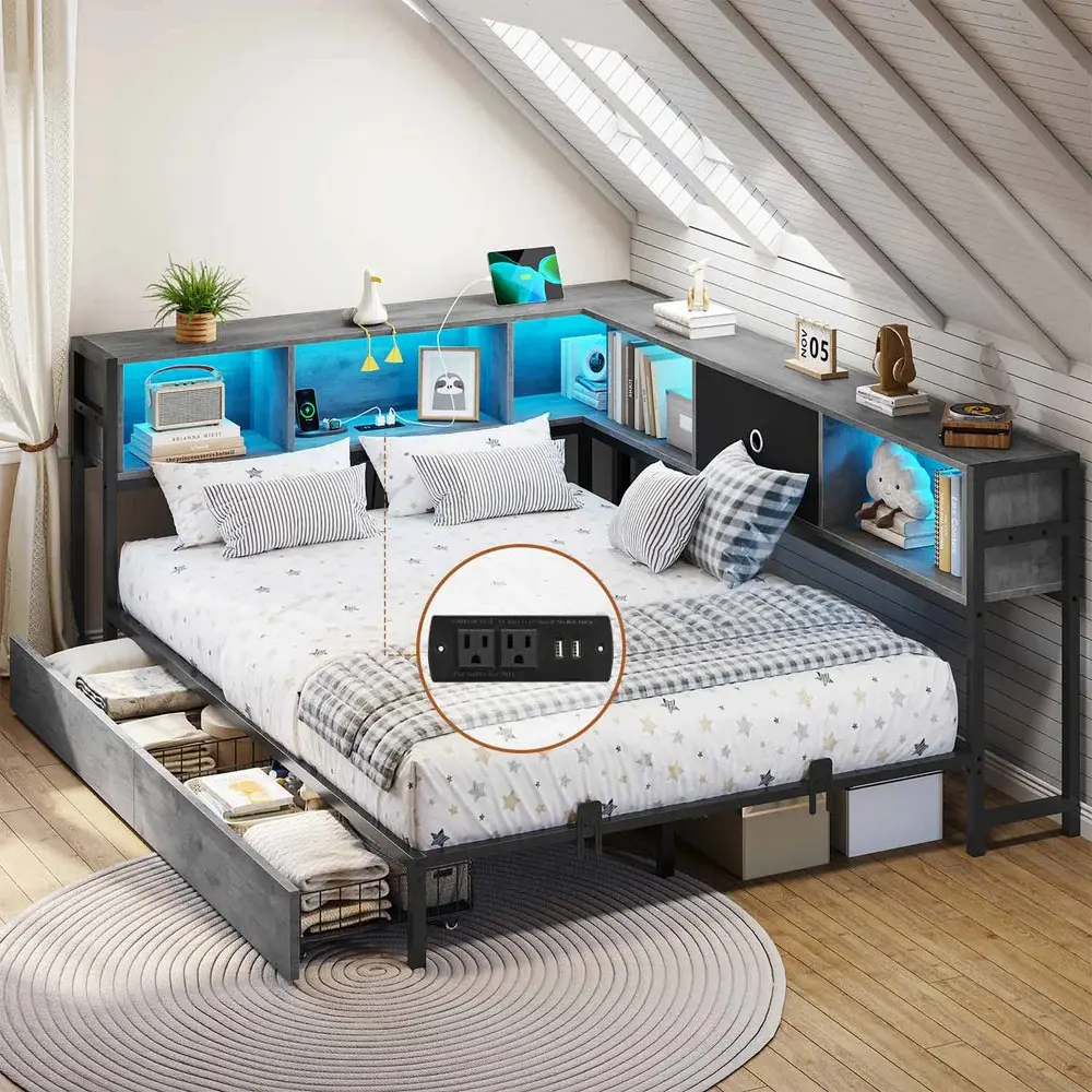 SIKAIC Twin Size Oak Gray Metal Corner Bedframe - Indoor Bedroom Furniture with LED Lights, Charging Station, Integrated Bedside Bookcase, Drawers, Platform Design, Underbed Storage, Bed With Storage Underneath