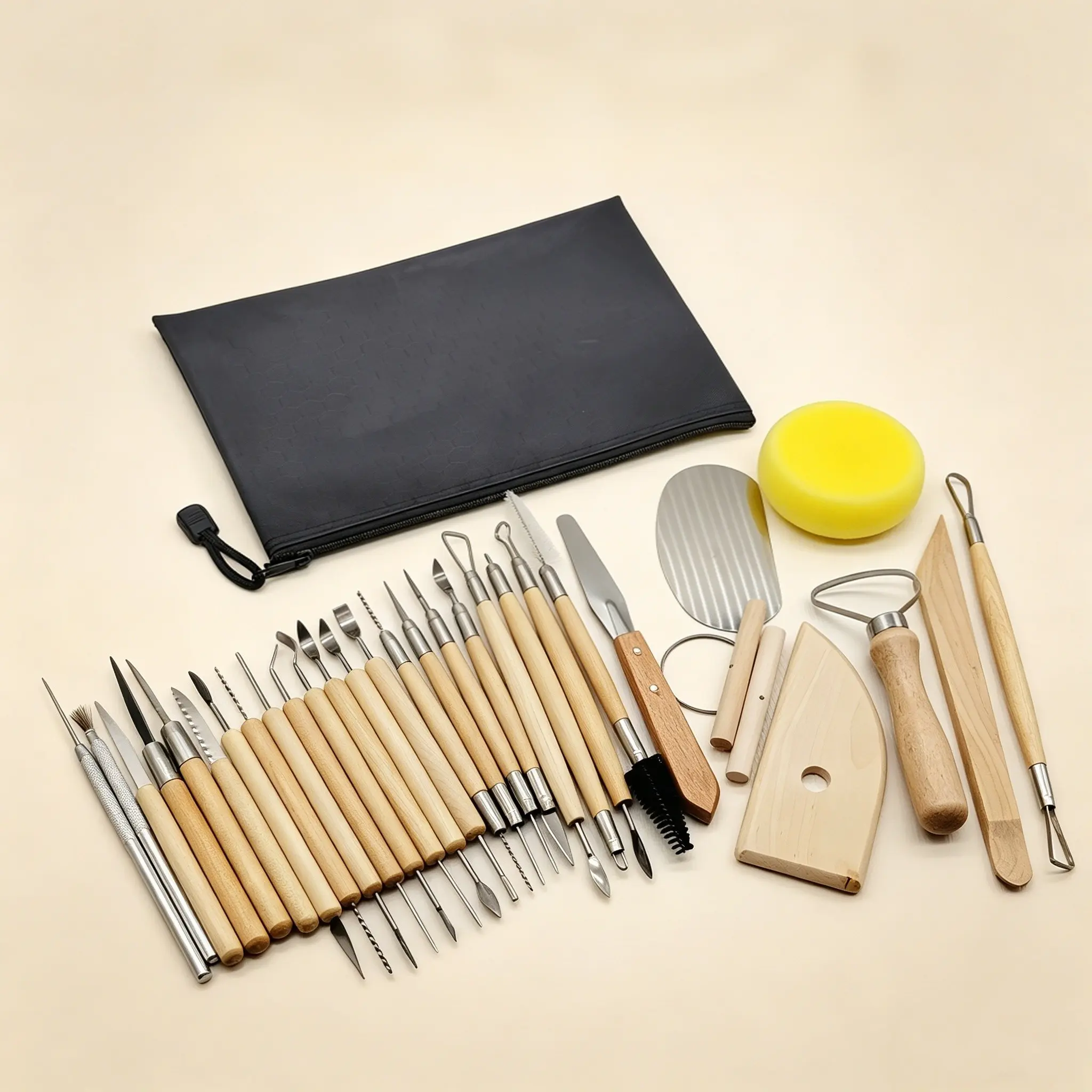 30Pcs Clay Pottery Tools Set Clay Sculpting Tools Birch Wood & Stainless Iron Multi-functional Sculpture Trimming Wheel Throwing Clay Carving Tools Kit with Storage Bag for Pottery DIY Craft Art Beginners & Professionals