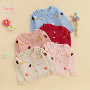 Toddler Baby Girl Cardigan Sweater, 3D Flower Design Button Down Long Sleeve Knitted Tops