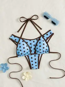 New Two-Piece Set, Bikini Swimsuits, Summer Fit Bikini, Halter Neckline Triangle Cup Style, Triangular Cups, Deep Trim, Ruched Design, Adjustable Straps, Vintage Details, Perfect for Beach Vacation, Summer Bikini Beach, Halter Bikini Top