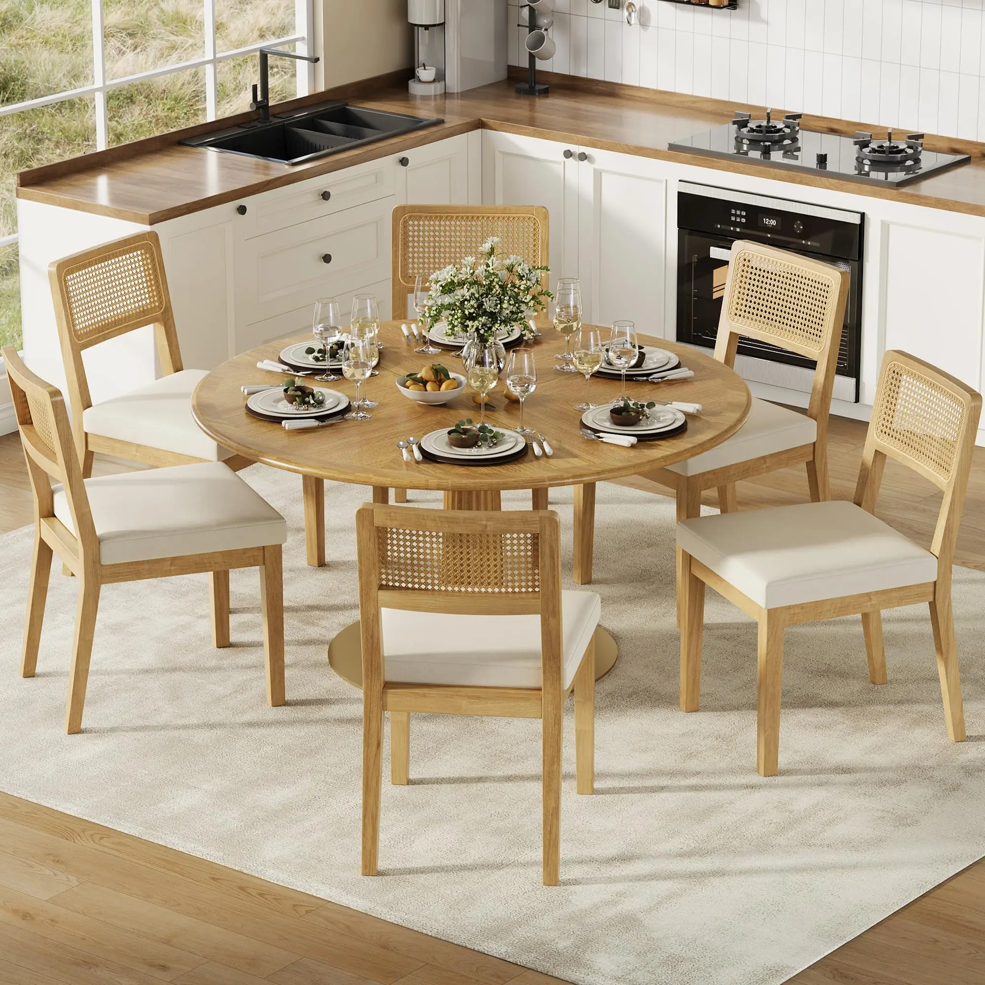 Set of 6 armless rattan dining chairs, mid-century farmhouse style, easy assembly | Keywords: rustic kitchen chairs, natural dining room furniture