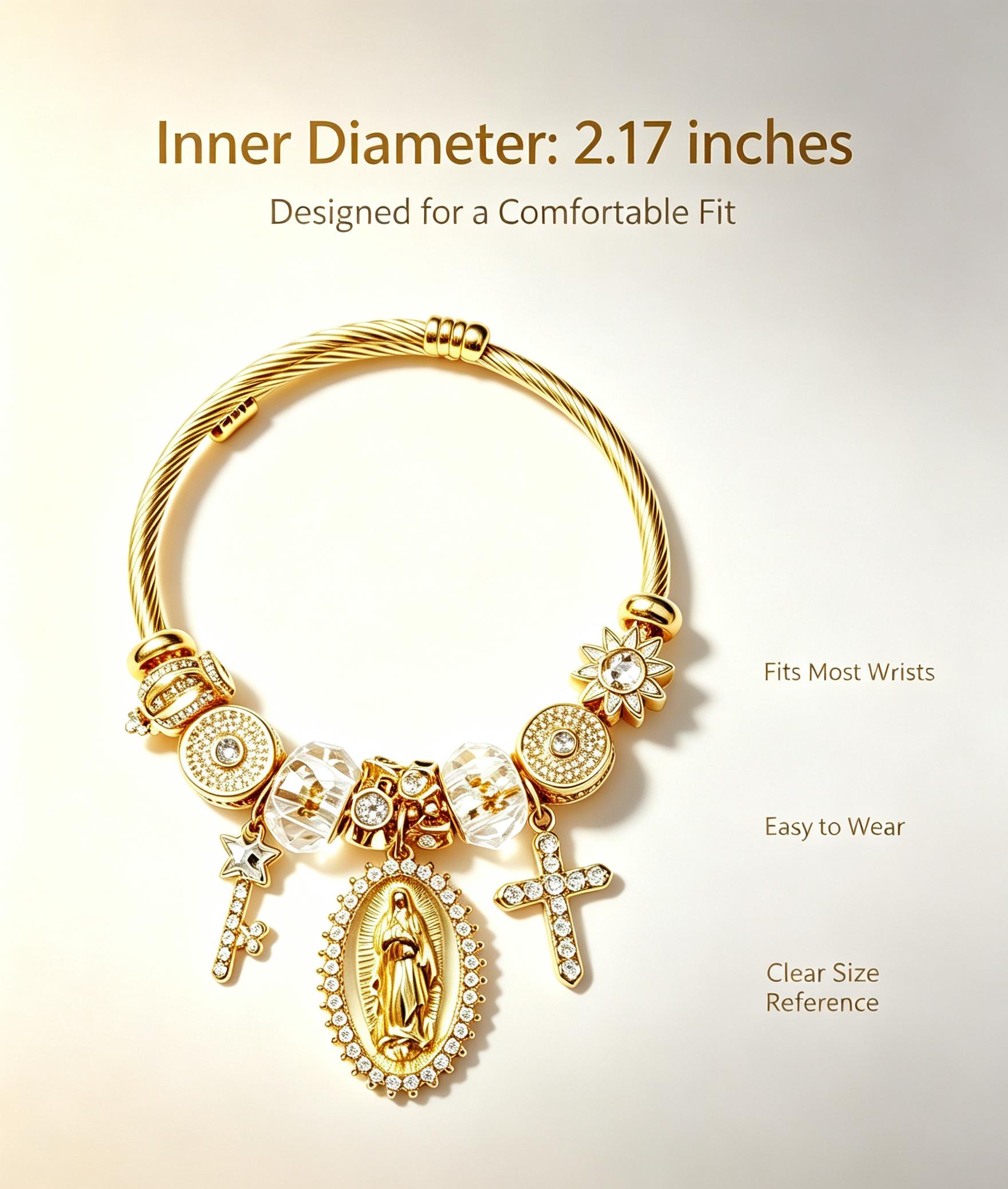 Women’s Gold Cable Wire Cuff Bracelet, Virgin Mary Guadalupe Charm Bangle with Cross, Key & Crystal Sun Beads, Catholic Religious Jewelry Gift