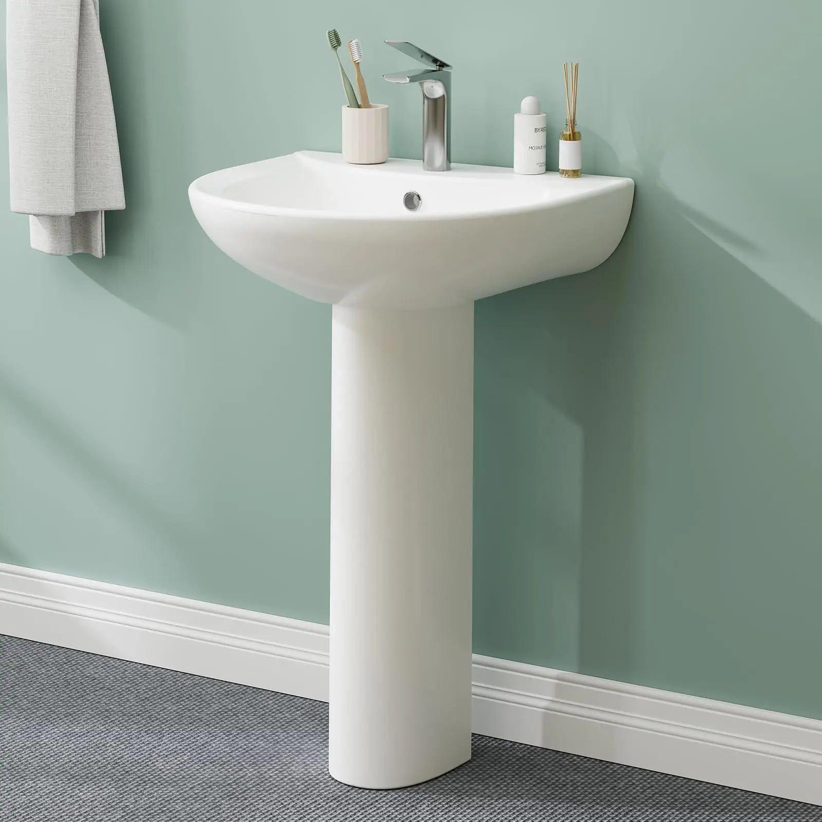 GAOMON Bathroom Pedestal Sink 20 in x 17 in Ceramic Basin with Overflow, Single Faucet Hole, Compact Design for Half Baths or Powder Rooms