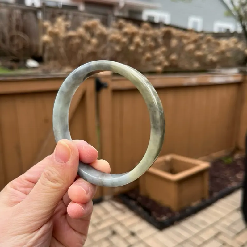 BW054-S 63mm Certified Untreated Grade A Jade Bracelet｜Burmese Jadeite Bangle｜Flat Round WuJi Gray and Yellow