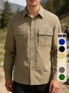 Men's Long Sleeve Quick-Dry Collared Shirt, Outdoor Multi-Pocket Workwear, Military Style Utility Design, Button Neck & Forehead, Casual Fit