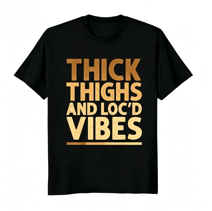 Women's Funny Streetwear Tee - "Thick Thighs & Loc’d Vibes" Golden Print, Casual Short-Sleeve Soft Cotton-Polyester Blend T-Shirt, Fit, Tshirt