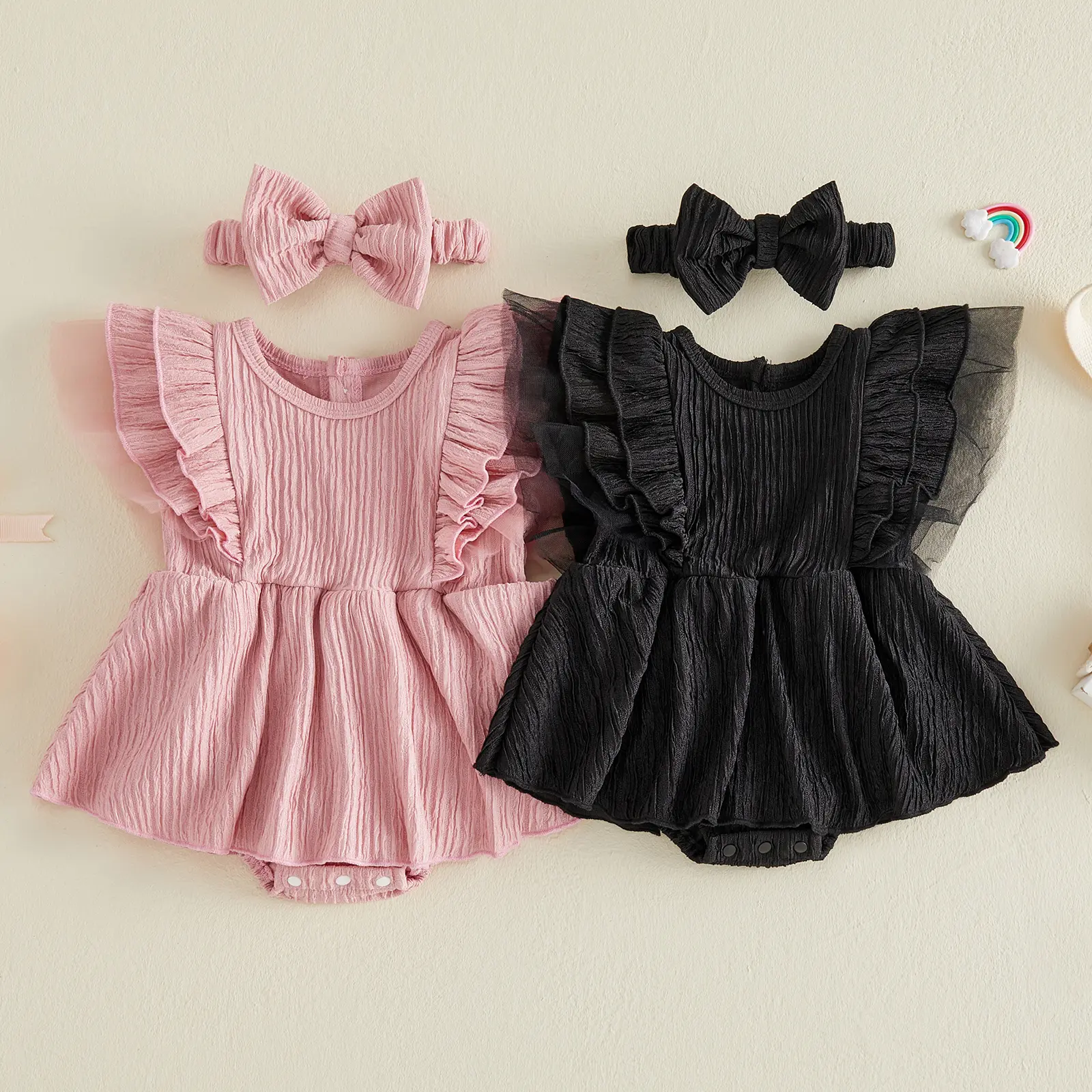 [Lullaby] Baby Girl Summer Romper Dress Fashionable Solid Color Ruffle Sleeve Jumpsuit with Headband