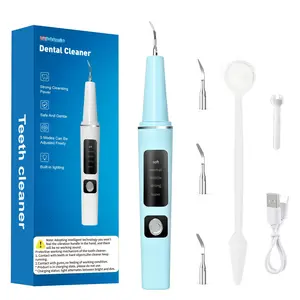 Blue electric dental floss with an LED light featuring 5 modes, 4 interchangeable heads for deep cleaning, oral care, and fresh breath, rechargeable tooth cleaning kit with C-type charging, a perfect holiday gift.