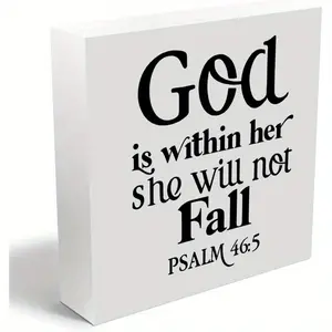 God is Within Her She Will Not Fall, Christian Gifts Wooden Box Sign, Christian Bible Verse Religious Decor Rustic Farmhouse Home Office Table Decorations Wood Block Plaque 5x5 inch
