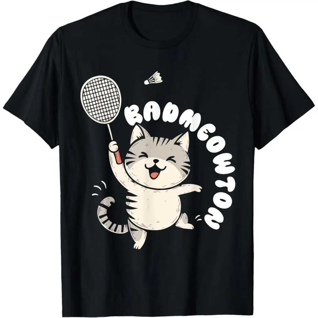 Badmeowton Unisex Cotton Short-Sleeve Badminton T-Shirt, Summer Graphic Tee, Casual Streetwear Sports Top