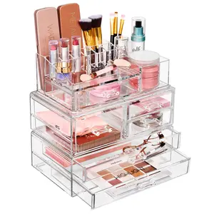 Large Cosmetic Storage Case - 3 Piece Set Boxes Organiser Compartment Plastic Vanity Vanity Makeup Compact Durable