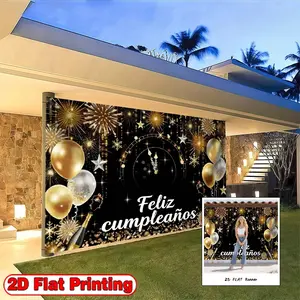 2D flat-banners-1pc Spanish Clock  Golden Balloons Theme design-Perfect for parties, photo booths and outdoor celebrations - durable polyester, no power supply required, party background