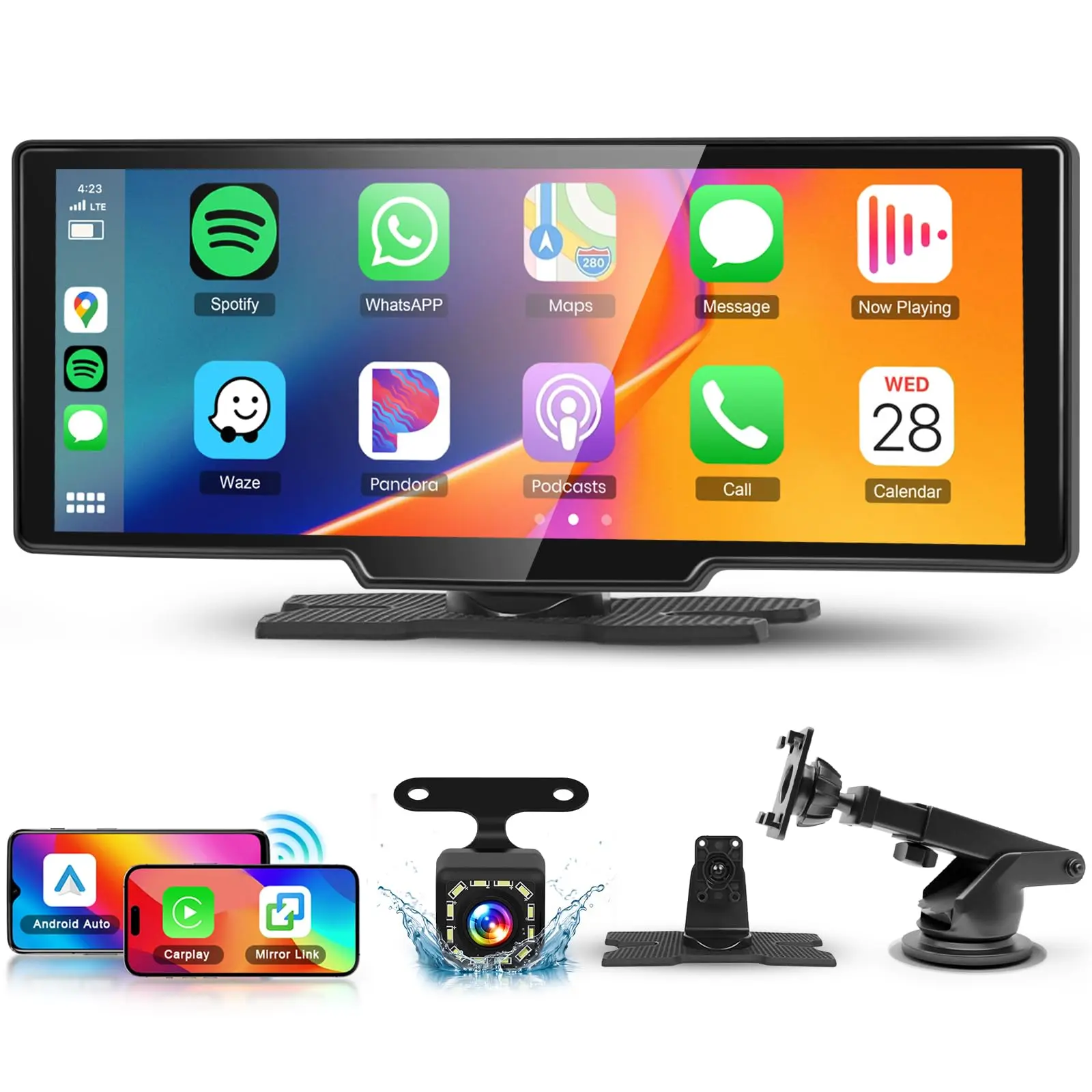 10.26 Inch Wireless Car play Screen, 1 Set Automotive Portable HD Touch Screen Car Play Screen with SuperLink/OTA/Bluetooth/Voice Control/AUX/FM Transmitter+HD Backup Camera, Car Audio, Wireless Carplay Adapter