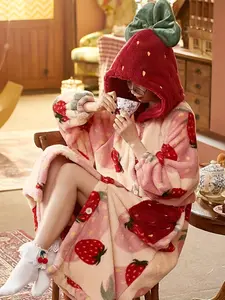 New Strawberry Women's Robe Bathrobe, Autumn Winter Coral Fleece Warm Loose Home Wear, Fruit Print Pajama, Wearable Blanket, Perfect Gift for Girlfriend