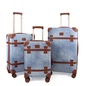 New York Xpress 3-Piece Denim Luggage Set with Leather Corners, Expandable Canvas Suitcases | 20", 24", 30" Sizes