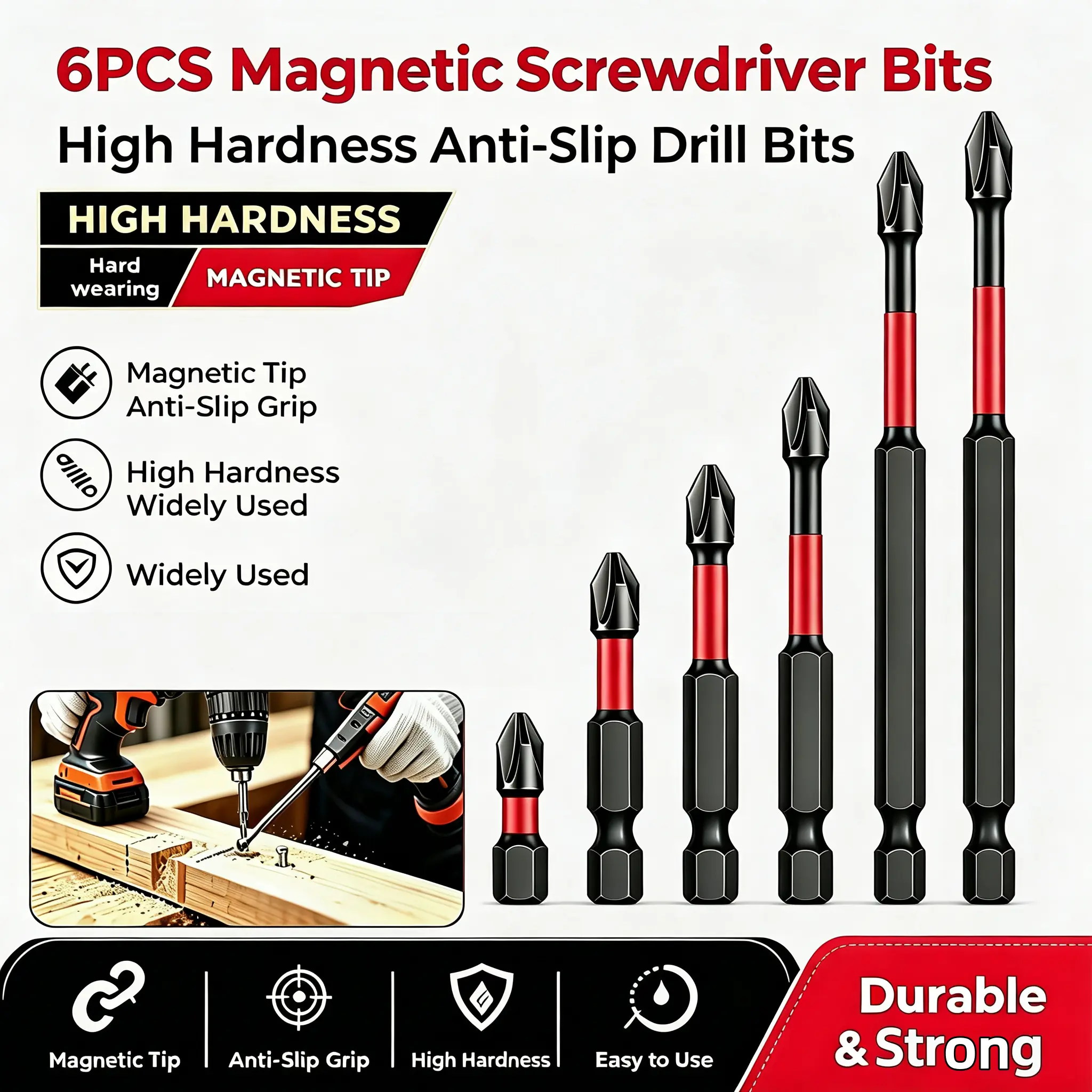 6Pcs Impact Magnetic Phillips Screwdriver Bits Set, Cross High‑Hardness Screwdriver Bit 25‑150mm, Anti‑Slip Thin Waist Buffer Impact Driver Bits for Electric Drill