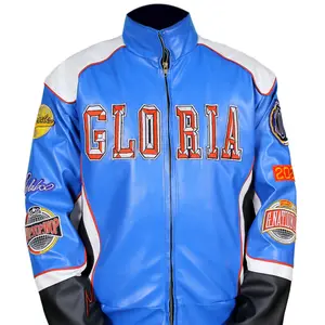 Gloria Blue Bomber Patches Leather Jacket Super Jacket Streetwear Celebrity Concert Outfit 2025 large size
