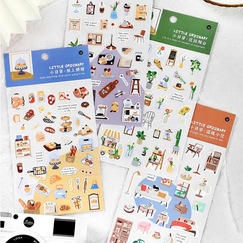 Cartoon Daily Life Series Sticker Packs, 4 Sheets/set Mixed Pattern Self Adhesive Decal, DIY Creative Paster for Gifts Bottle Scrapbook Phone Case Guitar Self Adhesive Stickers Scrapbook Materials Craft Scrapbook Accessories