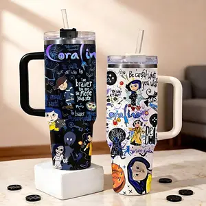 Coralin Durable Insulated Tumbler 40oz with Handle and Lid, Spooky Cat Pattern Stainless Steel Mug, Large Capacity Coffee Water Bottle