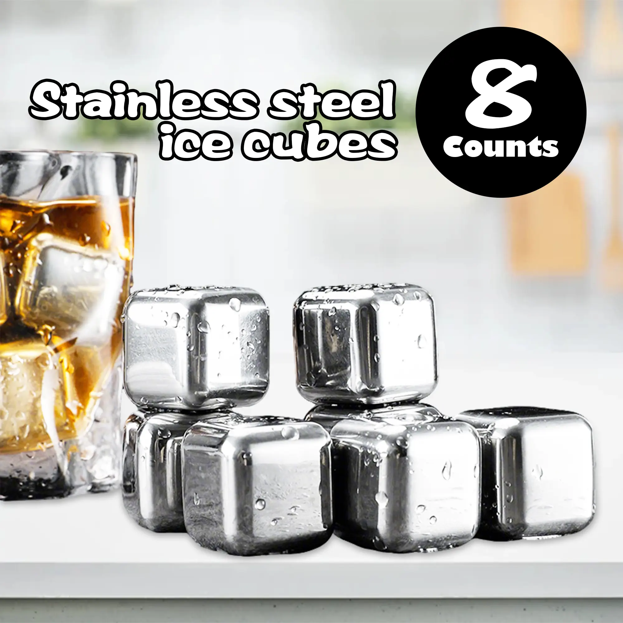 8 Counts Whiskey Stones Gift Set, Food-Grade Stainless Steel Chilling Stones - Quick Cooling Without Dilution Reusable