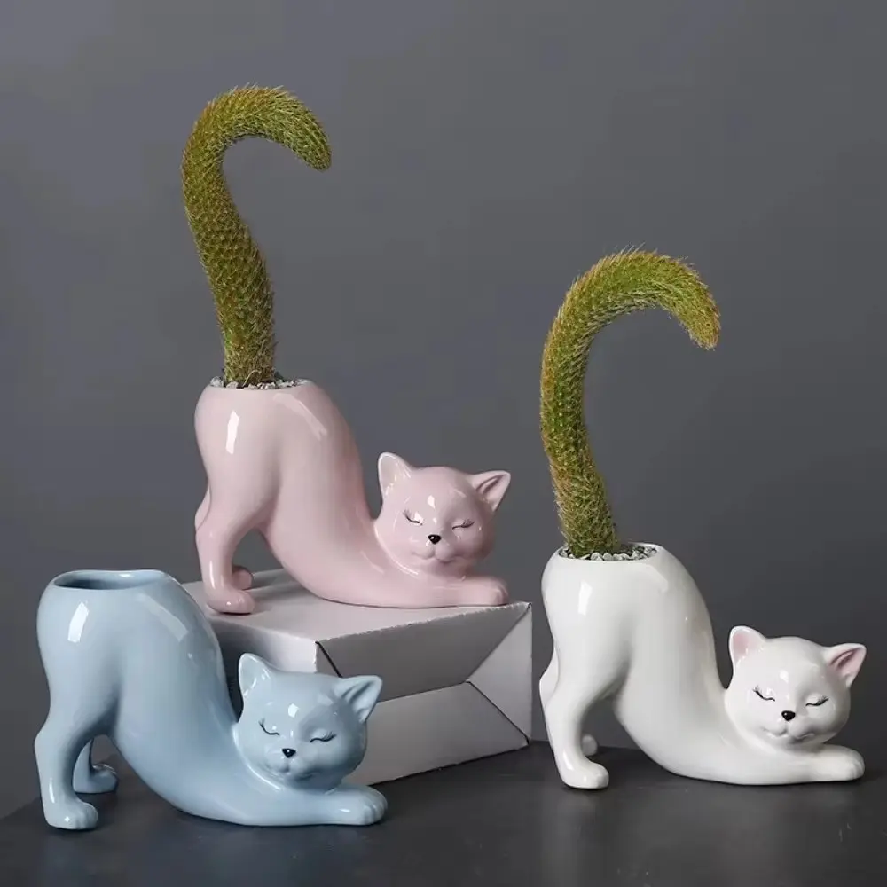 Cute Cat Tail Ceramic Flower Pot, Mini Cartoon Animal Planter, Creative Cactus Holder, Home Office Desktop Decoration, School Gift, Ceramic Pots For Plants, Indoor Plant Pots