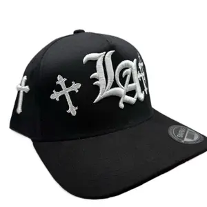 LA Dandy Hat - Black Cap with White Embroidered "LA" and Cross Design by LA Dandy Hat Brand