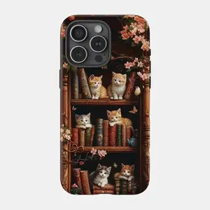 Bookish Kitten Bookshelf Phone Case, Cat and Books Design, Birthday Gift , Gift For  Friend , Magsafe Phone case, Tough Phone Case , iP 16 15, 14, 13 ,12 , 11,X, Pro , Pro max ,Plus