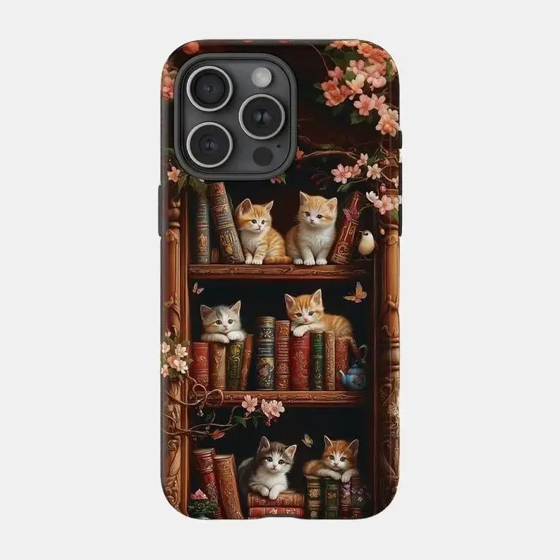 Bookish Kitten Bookshelf Phone Case, Cat and Books Design, Birthday Gift , Gift For  Friend , Magsafe Phone case, Tough Phone Case , iP 16 15, 14, 13 ,12 , 11,X, Pro , Pro max ,Plus