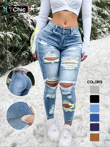 Women's High Waist Slim Fit Ripped Denim Jeans, Stretchy Elastic Material, Skinny Leg Design, Fashionable and Comfortable