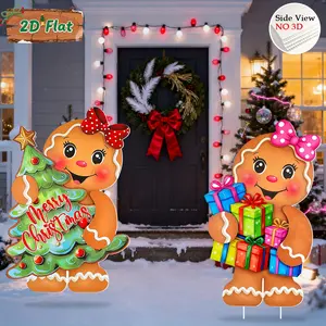 2Pcs 2D large gingerbread picks, suitable for men and Christmas tree lawn decoration set - heavy-duty plastic outdoor/yard logo, smiling gingerbread characters, suitable for porch, holiday parties (easy to assemble)