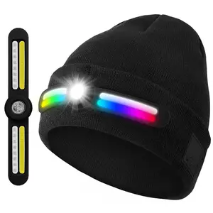 Touch Two Winter Unisex Rechargeable LED Lighted Knit Warm Hat for Sports Outdoor Night Running Alert Lightweight Running Athletic Hiking Cycling Fashion Family Must Have Birthday Gift Detachable Headlamp Hat
