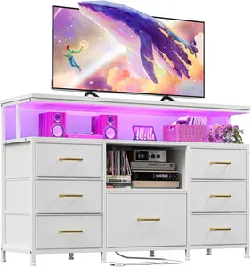 Raybee LED TV Stand for Living Room with Charge Station Fit 45" 50" TV, 7 Fabric Drawer Dresser for Bedroom with Power outlets Entertainment Center