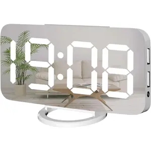 White Digital  Clock for Bedrooms, Small Desk Table Bedside Nightstand Cute Decorative LED Mirror Clock for  Room Office , USB Charger