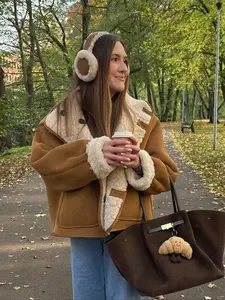 Women's Two-Sided Jacket Camel Wool & Cream Faux Fur, Stand Collar with Pockets, Vintage Winter Layered Fashion Coat Outerwear