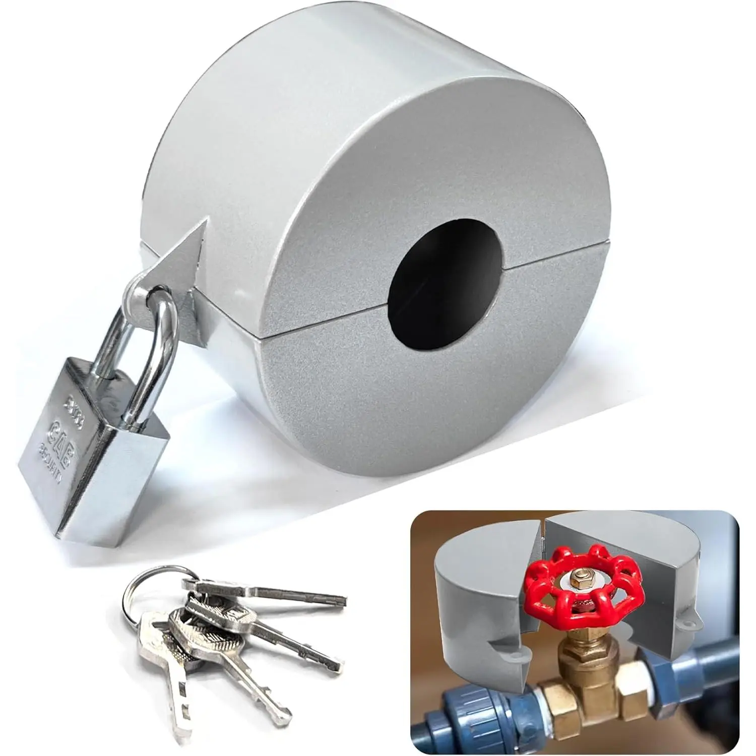Gate Valve Locking Device with Lock - Outdoor Faucet Lock, Water Spigot Locks, for 1-1/2 to 3 in Dia Valve Handles, Prevent Water Theft, Unauthorized Water Use (Silver)