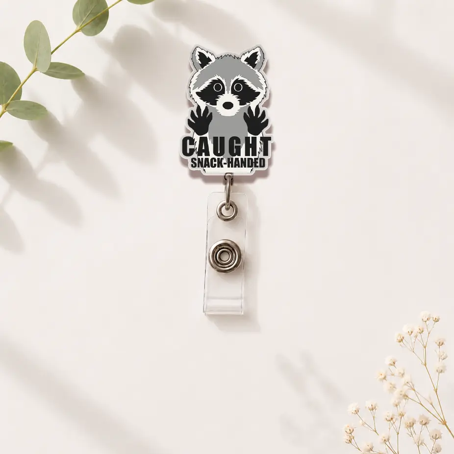 Caught Snack Handed Raccoon Acrylic Badge Reel, Kawaii Trash Panda ID Name Tag, Retractable Lanyard Clip, Funny Animal Office Supply, Nurse Work Accessory
