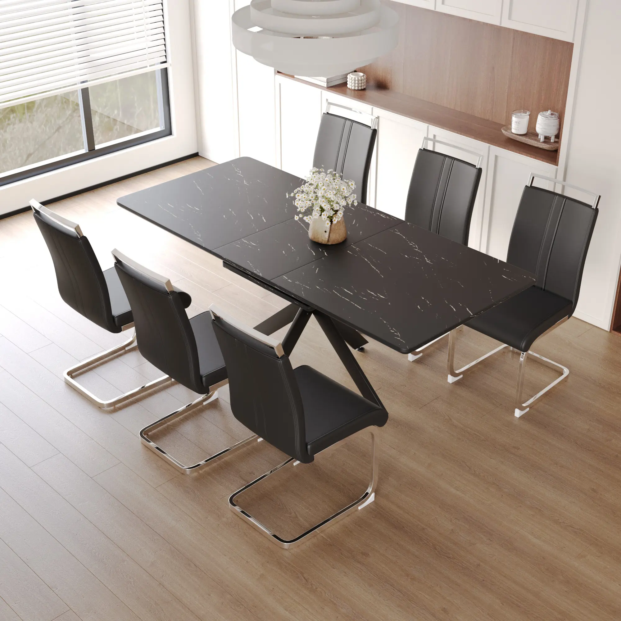 6-Piece Extendable Dining Table Set for 6-8 People, Large Expandable Kitchen Table 62.4"-78.15" with 6 Soft Padded Armless Dining Chairs, C-Shaped Metal Tube Frame, Modern Dining Room Furniture with Metal Legs