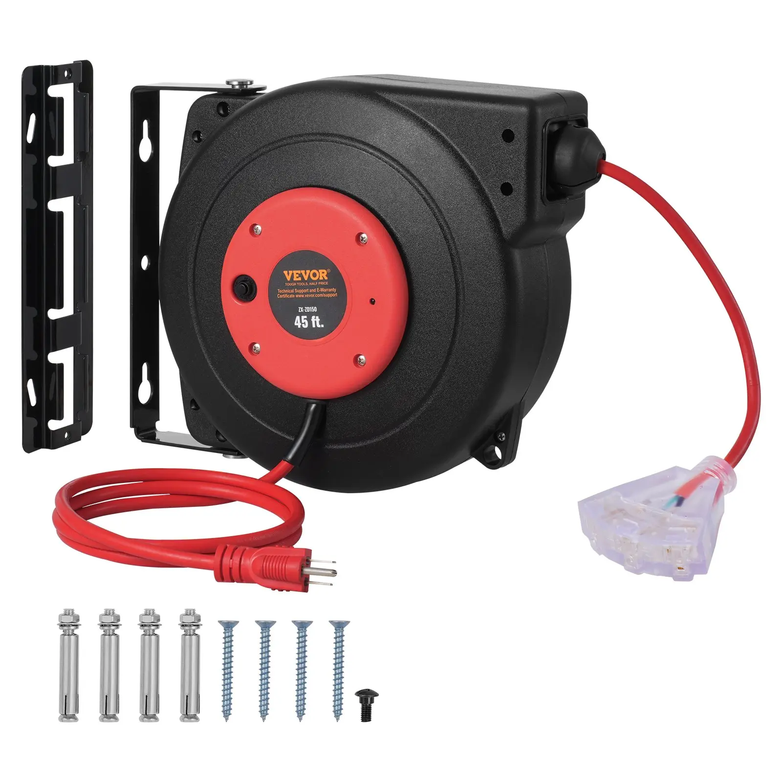 【Summerfinds】VEVOR ZX-ZD150 Retractable Extension Cord Reel, 45 FT Heavy-Duty 12AWG/3C SJTOW Cable Extension, Lighted Triple Outlets, 15A Circuit Breaker Overload Protection, 180° Swivel Bracket for Ceiling/Wall Mounts, Power Tool Accessory, Wall Moun, Wa