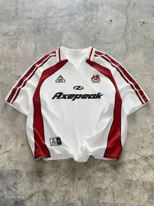 90s Retro White Red Striped Oversized Soccer Jersey, Y2K Vintage Streetwear Football Shirt, Harajuku Hip Hop Casual Polo Top, TikTok Viral Throwback Athletic Tee
