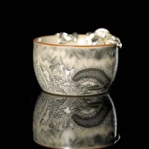 100 Hidden Dragon handmade Ru kiln teacup, alloy silver dragon, 150 ml Kung Fu master cup — “Dragon Emerges from the Sea”