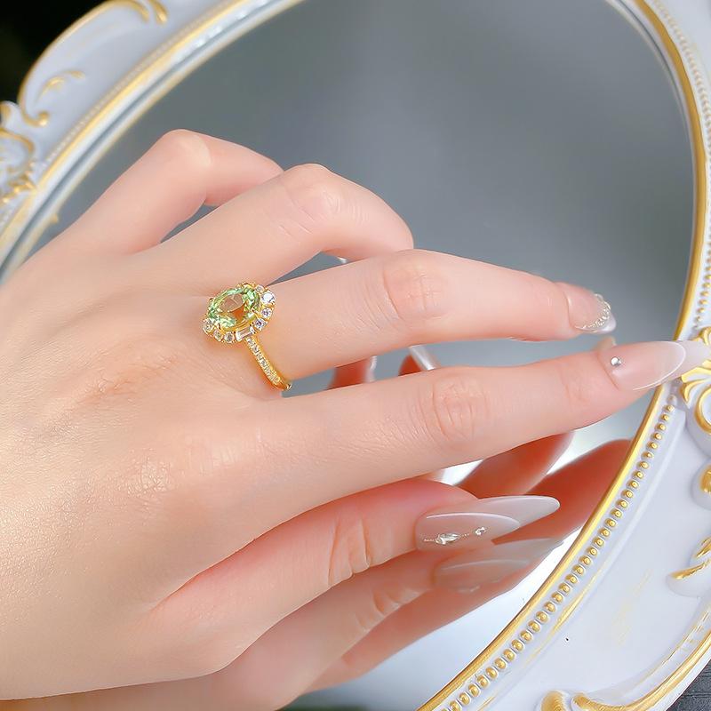 S925 Silver-18K Gold Plated Green Oval Tourmaline Ring (7x9mm) with Zircon Accents, Light Luxury Fashion Jewelry, Ideal Graduation or Birthday Gift
