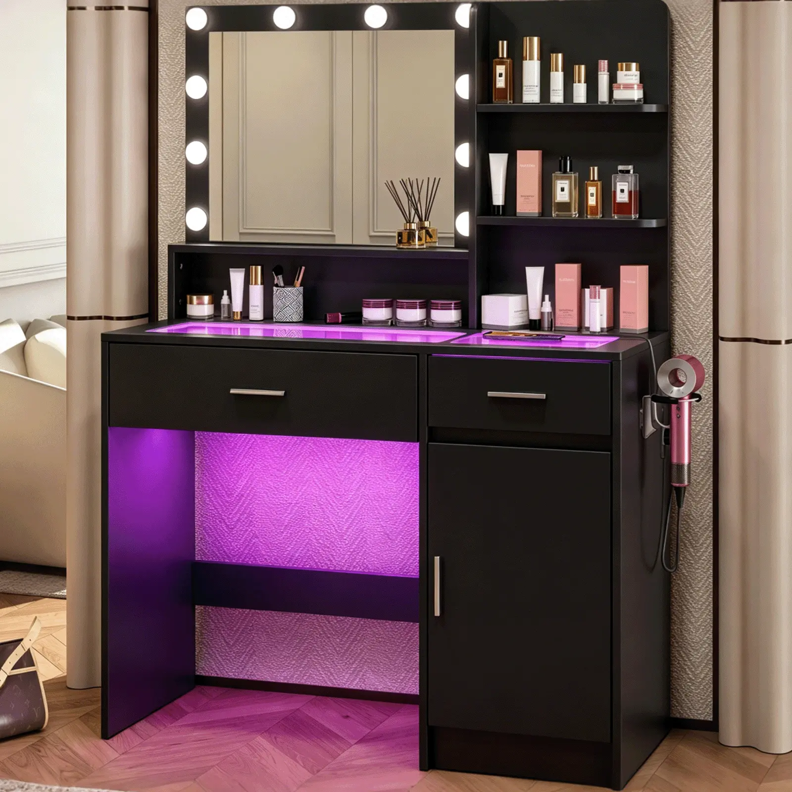 CollaredEagle Vanity Desk, Women Girls Bedroom Dressing Table, LED Lighted Makeup Station, Glass Top Vanity, RGB Drawer Vanity, USB Power Outlet Vanity, Adjustable Brightness Vanity